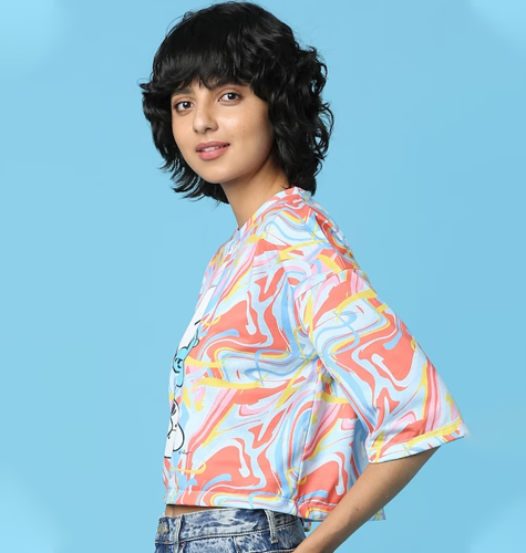 Women Pink & Blue Printed Drop-Shoulder Sleeves T-shirt